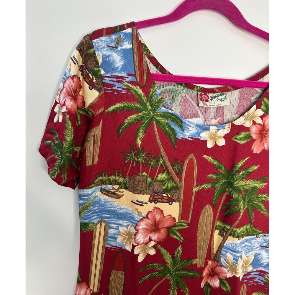 Hilo Hattie Red Tropical Scenic Surfboard Rayon Midi Dress Small Hawaiian Floral - Picture 3 of 14